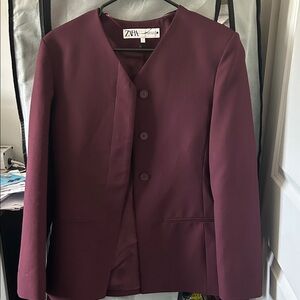 Zara Women's Deep Burgundy Collarless Blazer